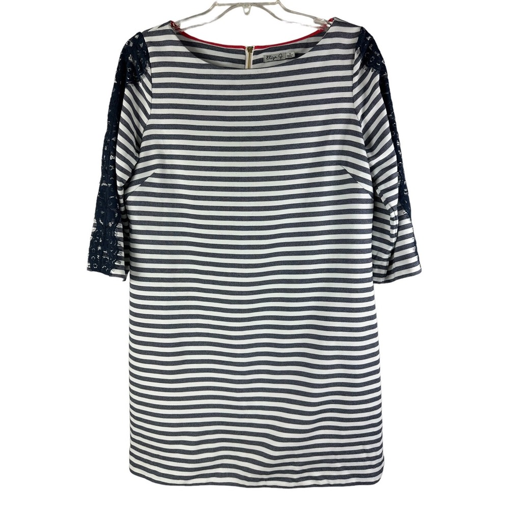 ELIZA J Navy Blue Gray Nautical Stripe 3/4 Sleeve Knit Shift Dress SZ 14 Beachy
